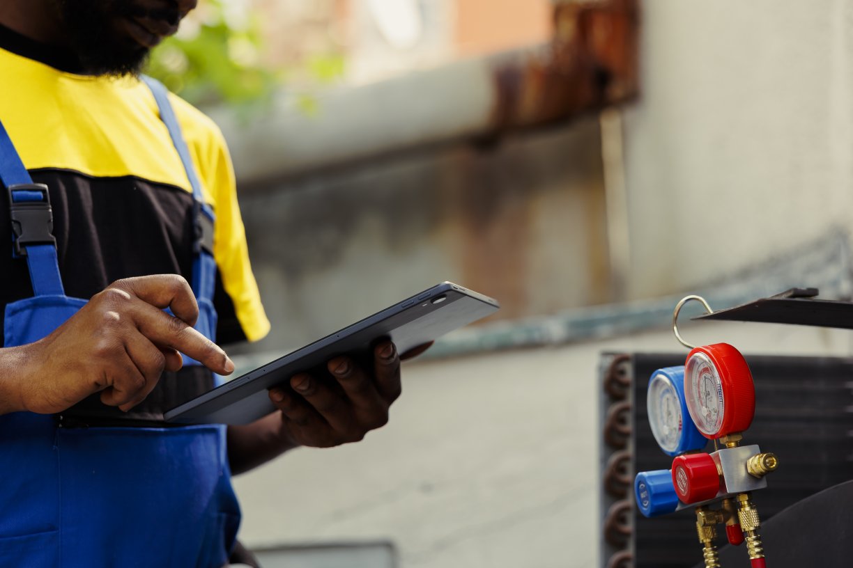 african american electrician doing leak checks other necessary repairs prevent major breakdowns licensed serviceman verifying air conditioner writing findings clipboard